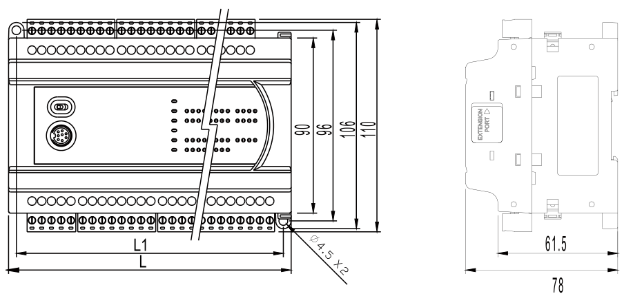 臺(tái)達(dá)PLC DVP60ES200T的外觀尺寸