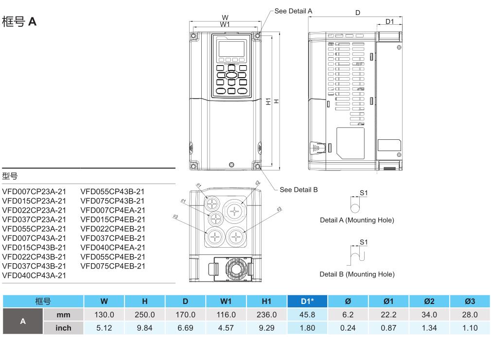 5.5kW臺達變頻器 VFD055CP23A-21的安裝尺寸